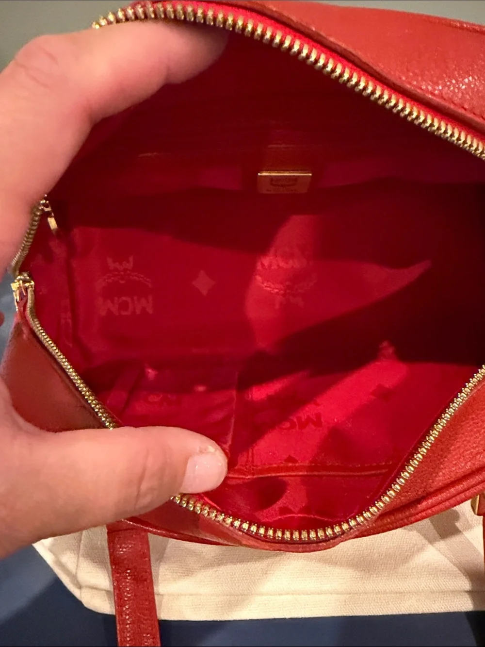 MCM Red Leather Satchel with Gold Hardware